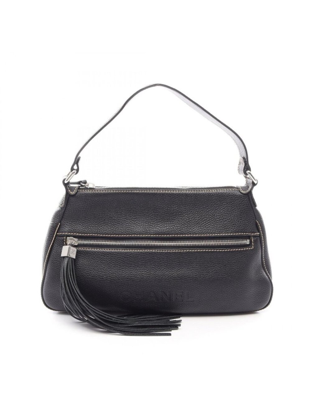 Chanel Shoulder Bag Logo Fringe Black Leather